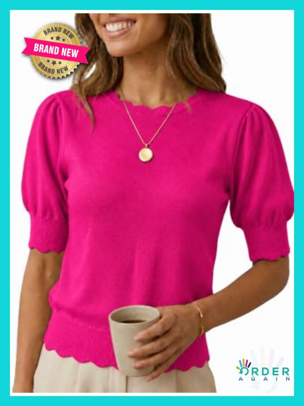 Short Sleeve Sweater Pullover Knit Top Scalloped Crewneck Puff Sleeve